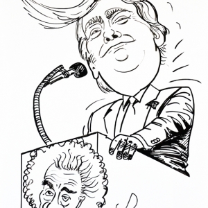 Donald Trump affirme que "Le Coronavirus, se soigne à l'eau de javel" tandis qu'Albert Einstein en doute !!! ".. Après les masques, le vaccin. SOS Dunning-Kruger. Caricature de jean-Marie Lesage.