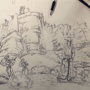 Crayonné de Lucky Luke, prisonnier des Tuniques Bleues © Matthieu Bonhomme/« Lucky Comics »-« Dargaud »