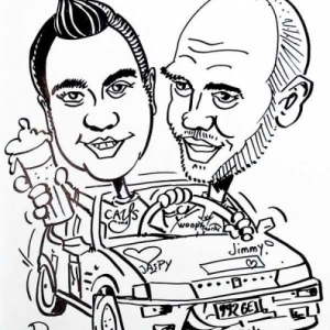 caricature pilote voiture rallye avec pub