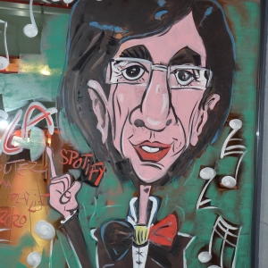 caricature de Di Rupo sur les vitrines peintes pour NOEL par Jean-Marie Lesage