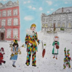 Marie MORAY Les " harlikins " et les " savadjes " devant la Maison Villers et la Fraternite Marie MORAY Les " harlikins " et les " savadjes " devant la Maison Villers et la Fraternite