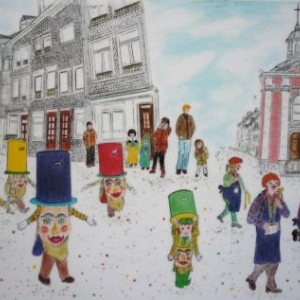 Marie MORAY Les " sotes " et les " cwapis " dans la rue Neuve et devant la chapelle de la Redemption Marie MORAY Les " sotes " et les " cwapis " dans la rue Neuve et devant la chapelle de la Redemption