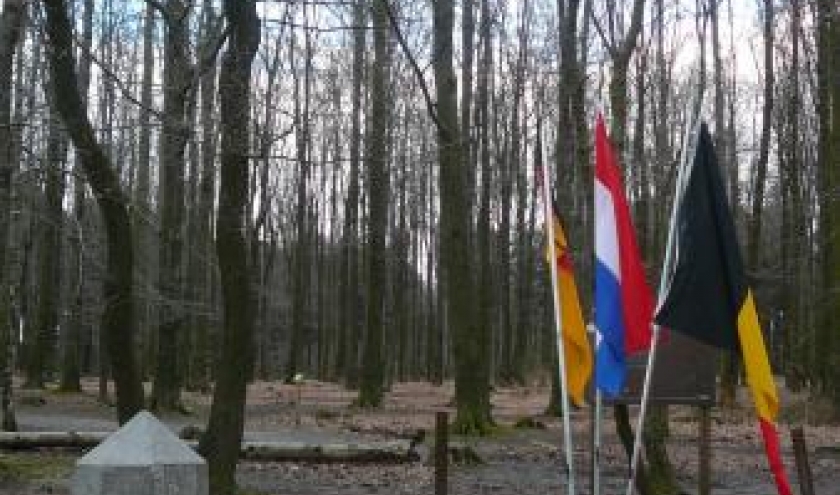 La borne 193  marquee des trois lettres B (Belgique) D (Allemagne) Nl  (Pays Bas) et completee par trois drapeaux